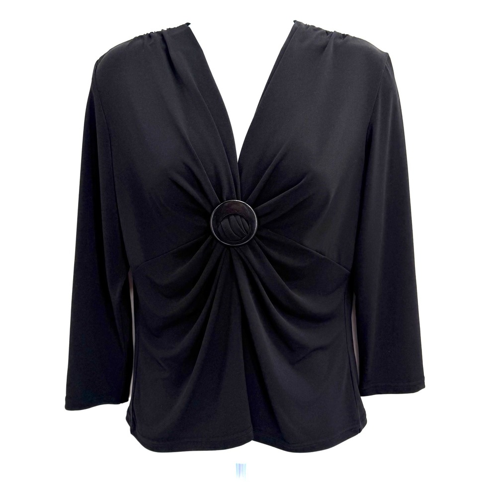 Y2K Studio I Ring Detail V-Neck Blouse Size 10‎ Gathered 3/4 Sleeve Black Top